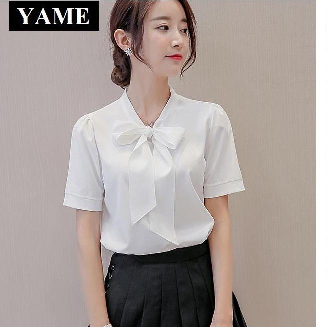 Áo sơ mi ngắn tay thắt nơ siêu hot yame hot35888w màu trắng