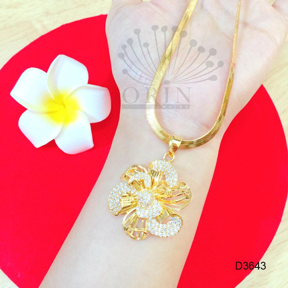 Dây chuyền mạ vàng dạng dẹp bản lớn mặt hoa xoáy 3 cánh đá tròn giữa cao cấp ORIn D3643 - Long Tien