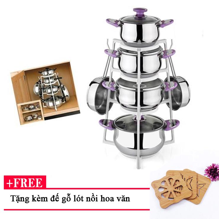 Kệ treo xoong nồi 4 tầng + Tặng đế lót nồi gỗ hoa văn