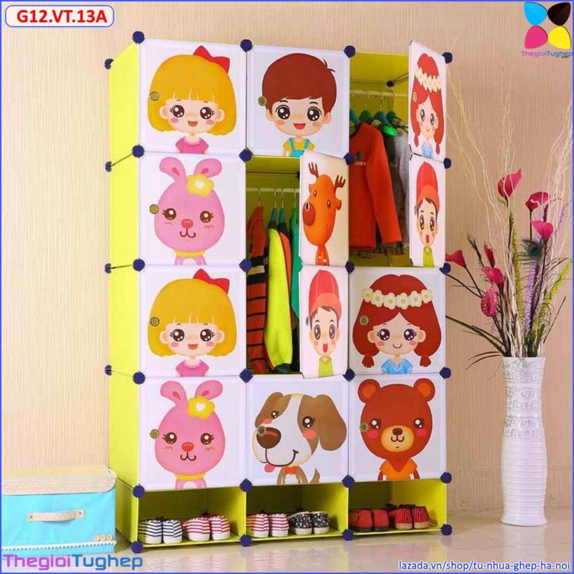 Tủ ghép 12 ô và 3 ô giầy vàng chanh cửa công chúa G12.VT.13