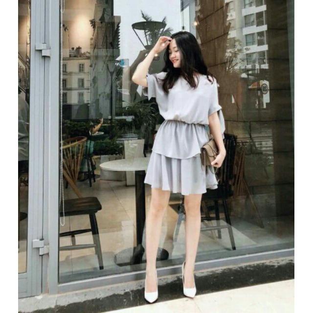 Đầm công sở xếp tầng nhún eo tay nơ trẻ trung