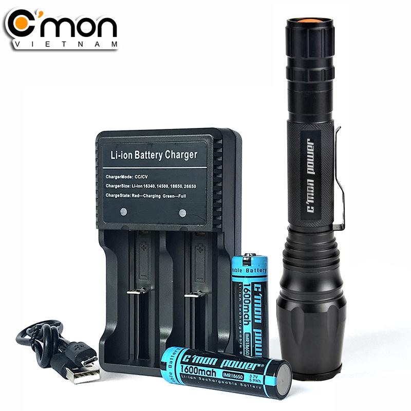 Bộ 1 đèn pin siêu sáng C'mon Power TACTICAL XML-T6 + 2 pin sạc + bộ sạc đôi nhanh USB 1A
