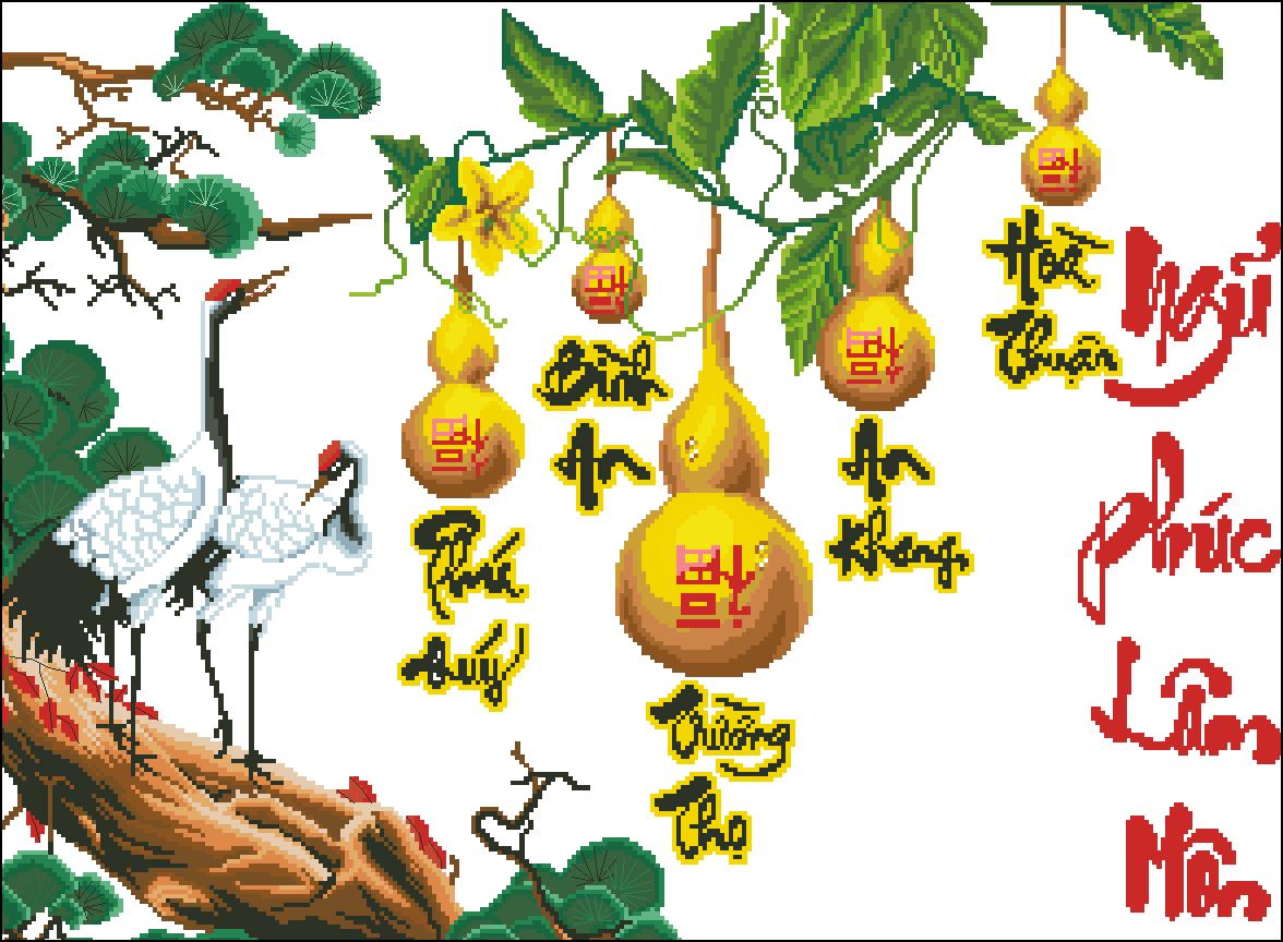 [HCM]Tranh Thêu Chữ Thập Ngũ Phúc Lâm Môn
