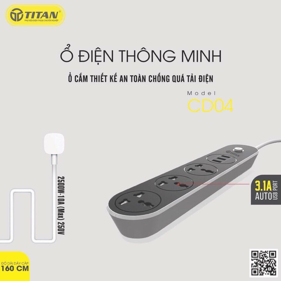 Ổ cấm điện thông minh 3 usb sạc nhanh 3.4a titan cd04