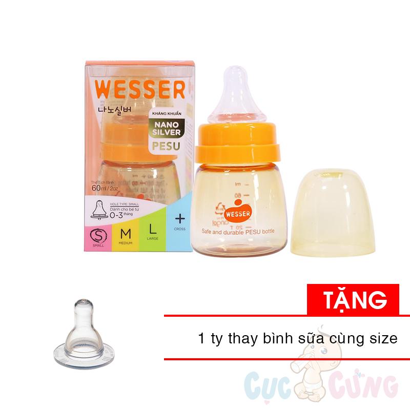 Bình sữa Wesser PESU cổ nhỏ 60ml Tặng 1 ty thay binh sua cùng size