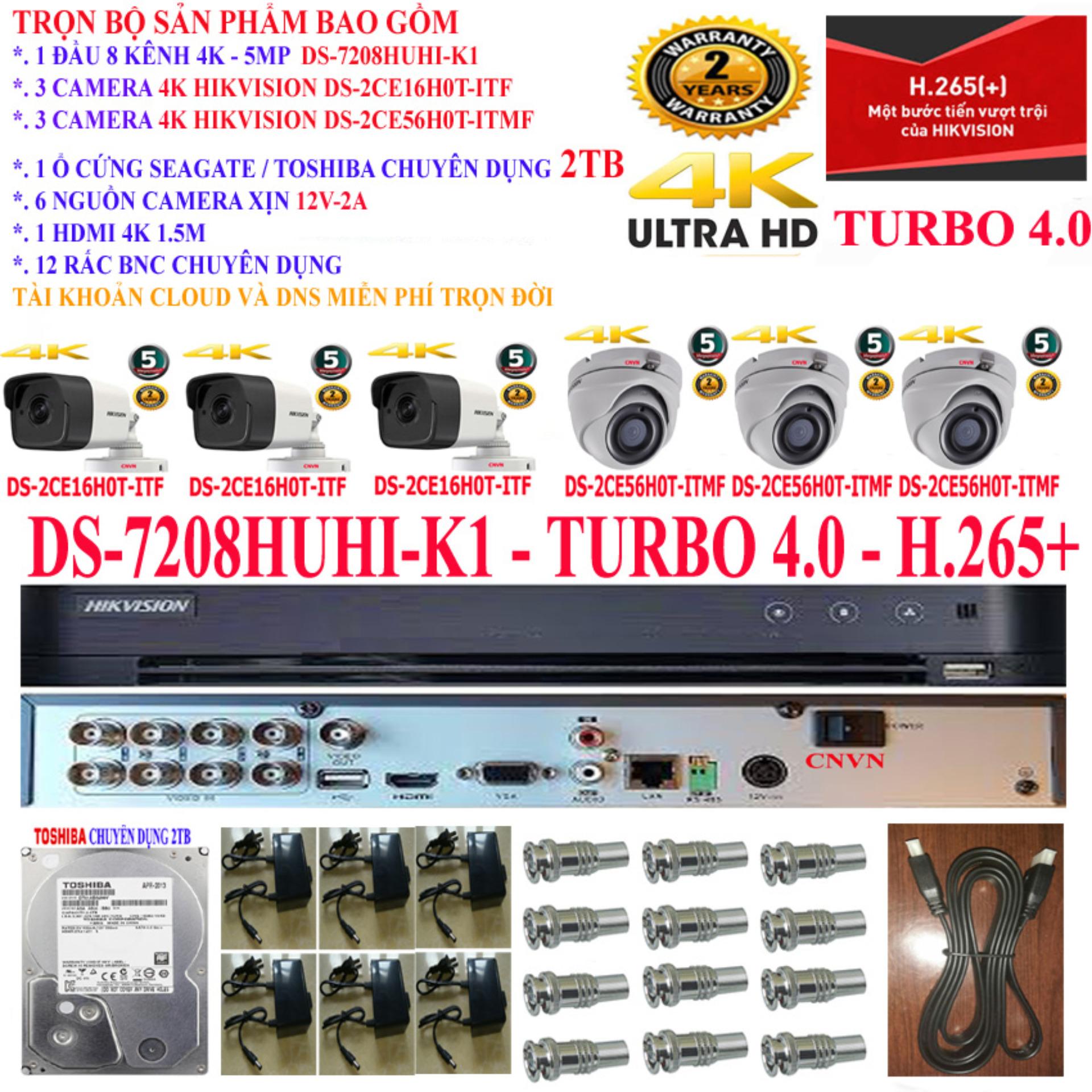 Trọn bộ 1 đầu ghi hình Camera 8 kênh 4K cao cấp Hikvision DS-7208HUHI-K1 + 3 Camera 4K DS-2CE16H0T-ITF + 3 camera 4K DS-2CE56H0T-ITMF + 1 ổ cứng CHUYỆN DỤNG Seagate SKYHAWK / TOSHIBA CHUYÊN DỤNG 2000GB + 6 Nguồn nhện xịn 12V + 1 HDMI + 12 Rắc BNC