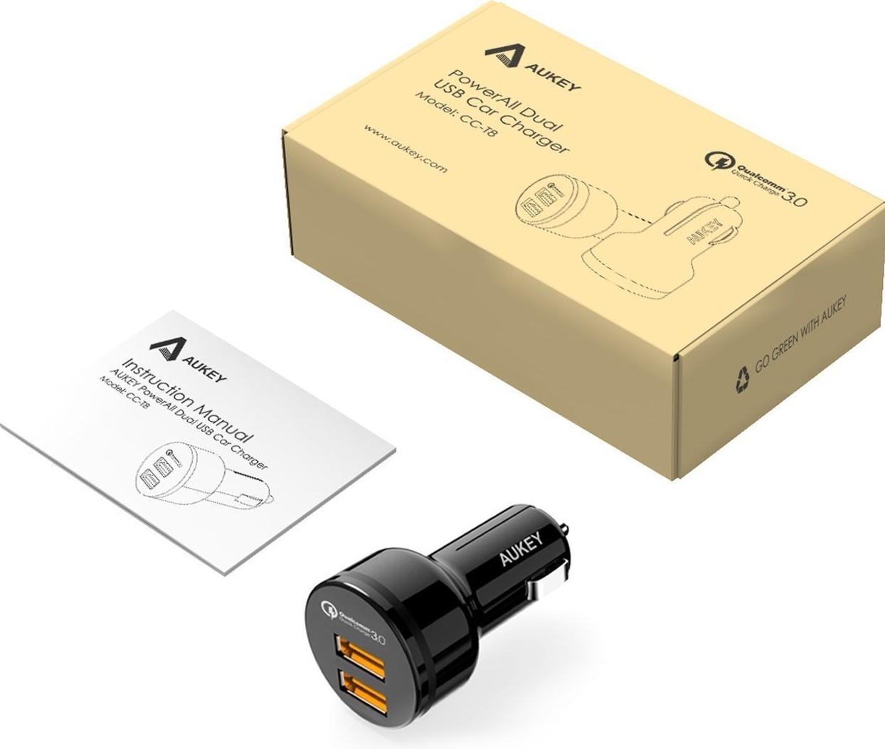 Tẩu sạc hai cổng hỗ trợ sạc nhanh quick charge 3.0 aukey cc-t8