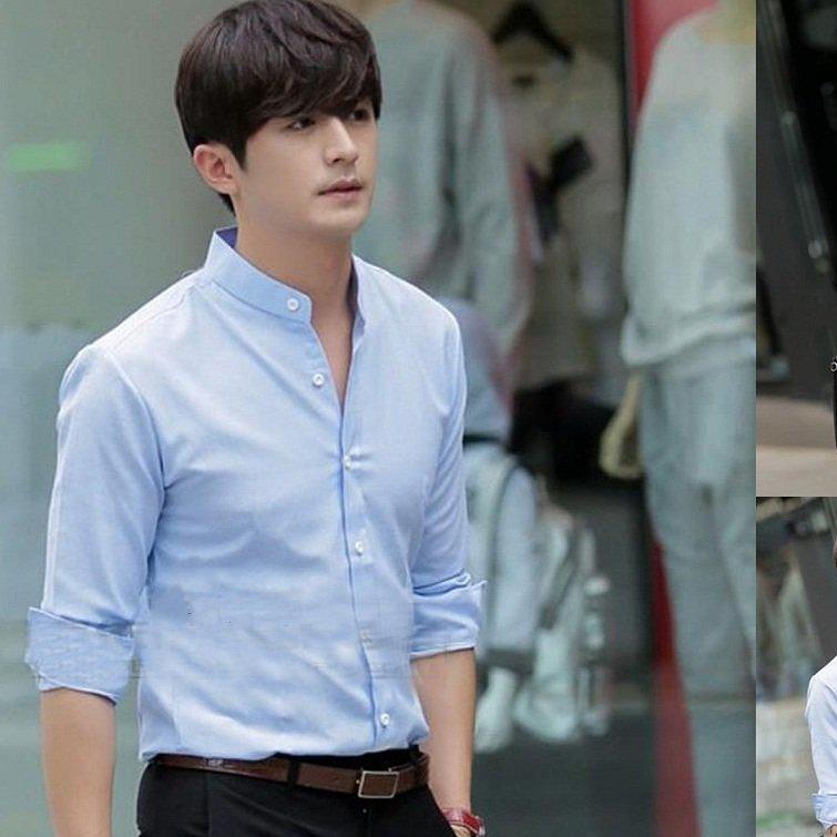 Áo sơ mi cổ tàu Xanh Nhạt Cúc Trắng loại đẹp, Sơ mi nam cổ trụ xanh nhạt Cúc Trắng chống nhăn