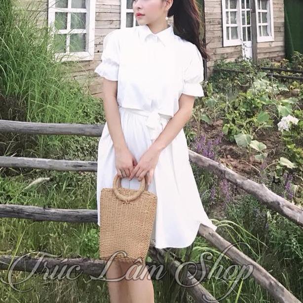 Váy xòe cổ đức tay bồng nơ thắt lưng tiểu thư