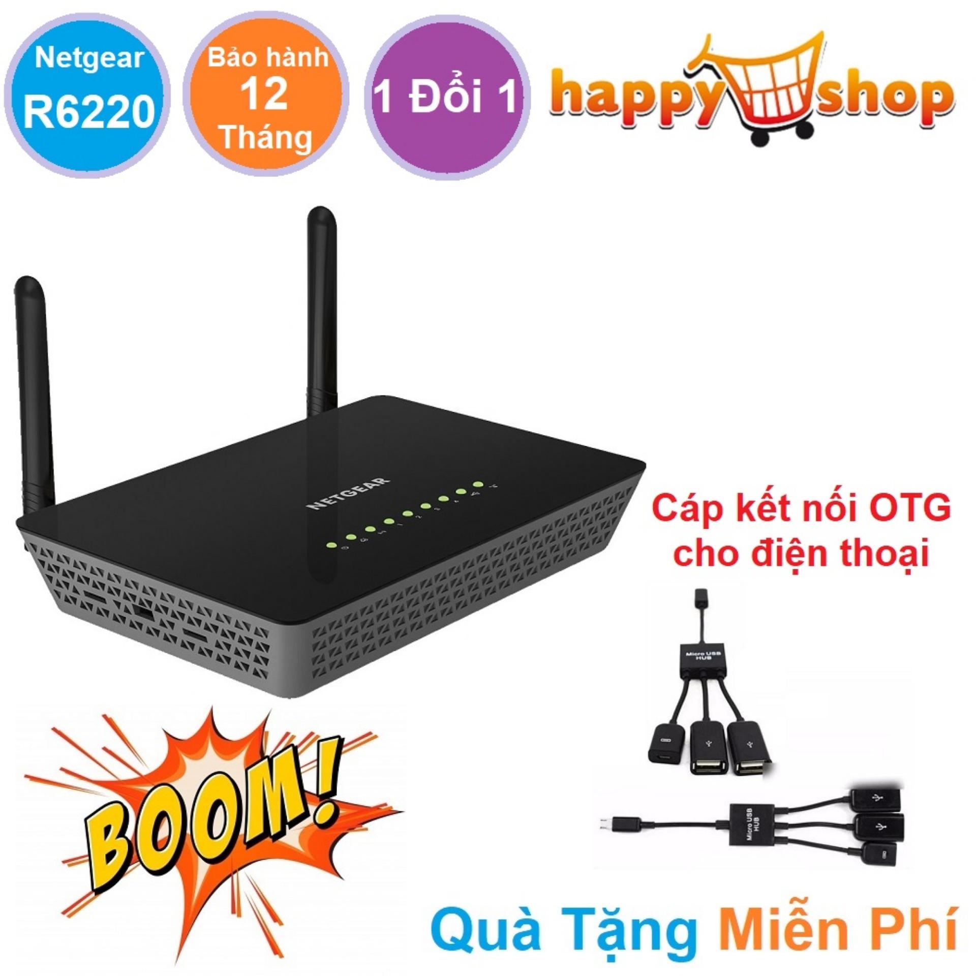 Bộ phát sóng wifi router tốc độ mạng cực cao netgear r6220 chuẩn ac 1200 mbps bảo hành 12 tháng 1 đổi 1 tặng kèm cáp otg 3 đầu cho điện thoại cắm chuột, bàn phím, usb cực tiện