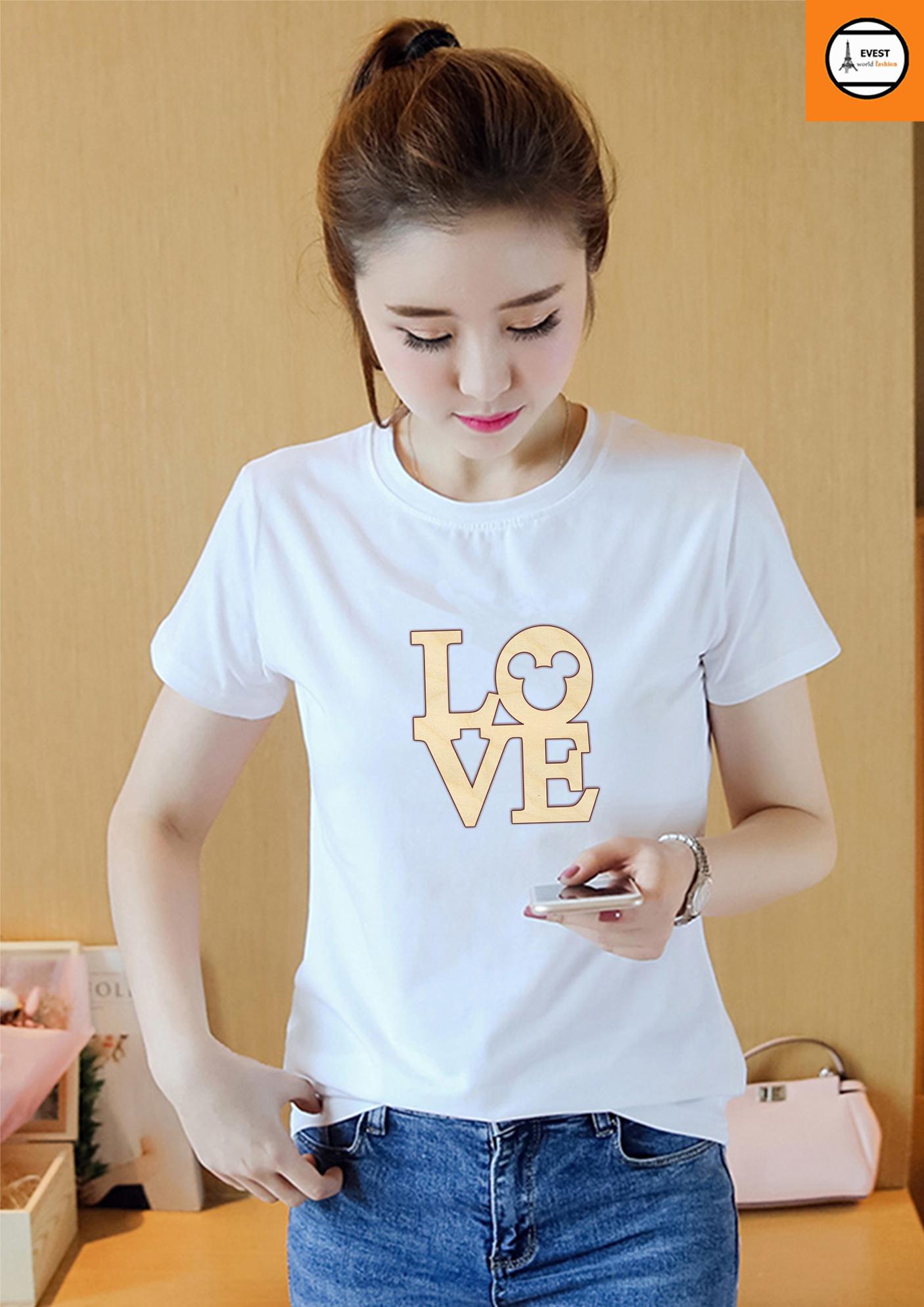 Áo thun nữ cổ tròn in chữ LOVE form rộng vải dày mịn AoK1737