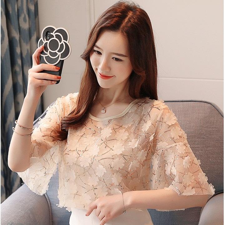 Hàng Nhập : ÁO KIỂU TAY LOE , ĐÍNH HOA NỔI 3D – AK 142