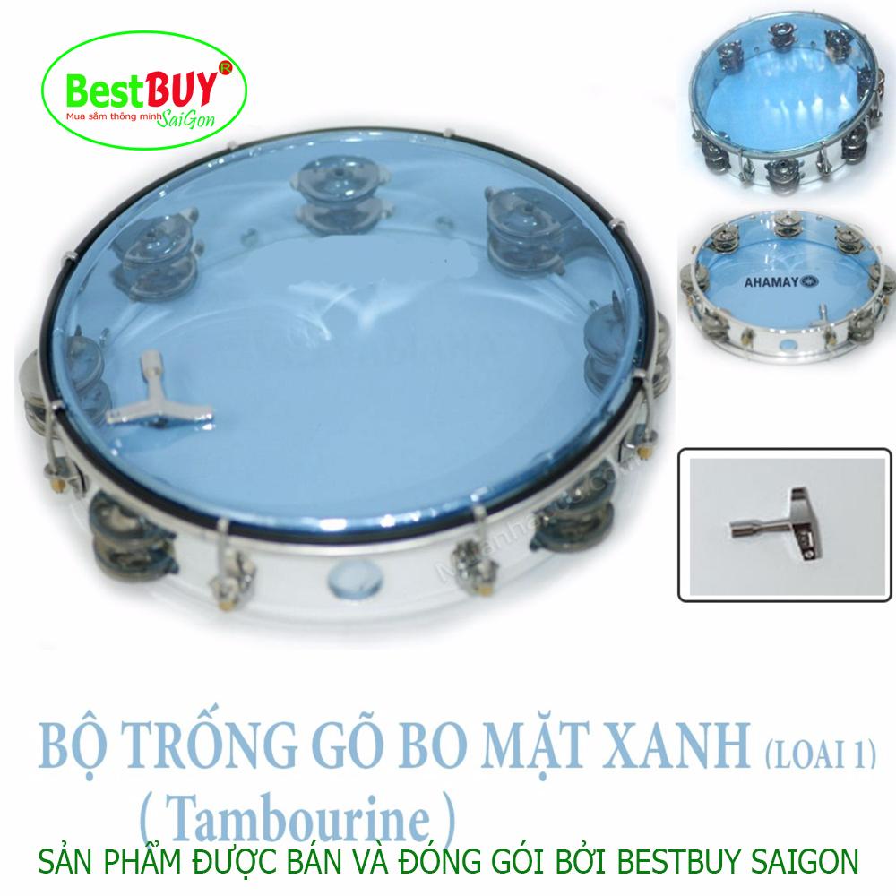 Trống lắc tay - Lục lạc gõ bo Tambourine Mặt Xanh Cao Cấp Full Bộ