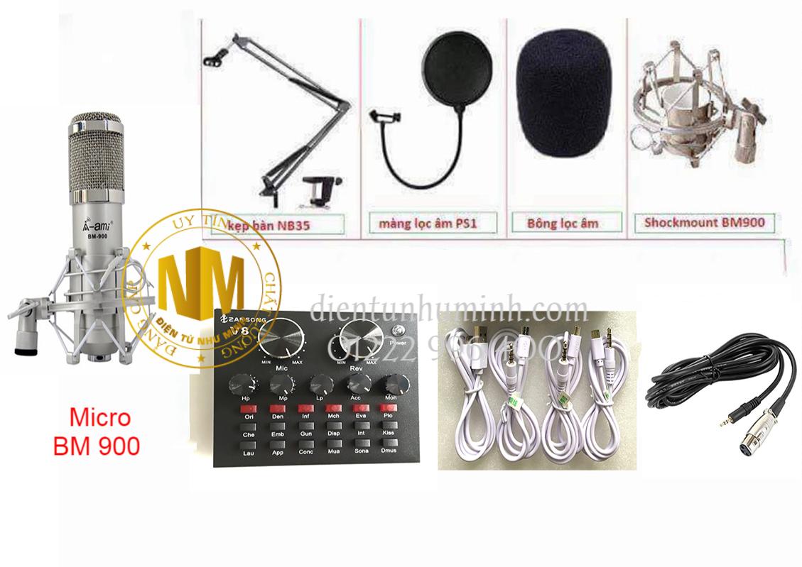 Combo mic thu âm bm-900 Bạc sound card V8 Tiếng Anh