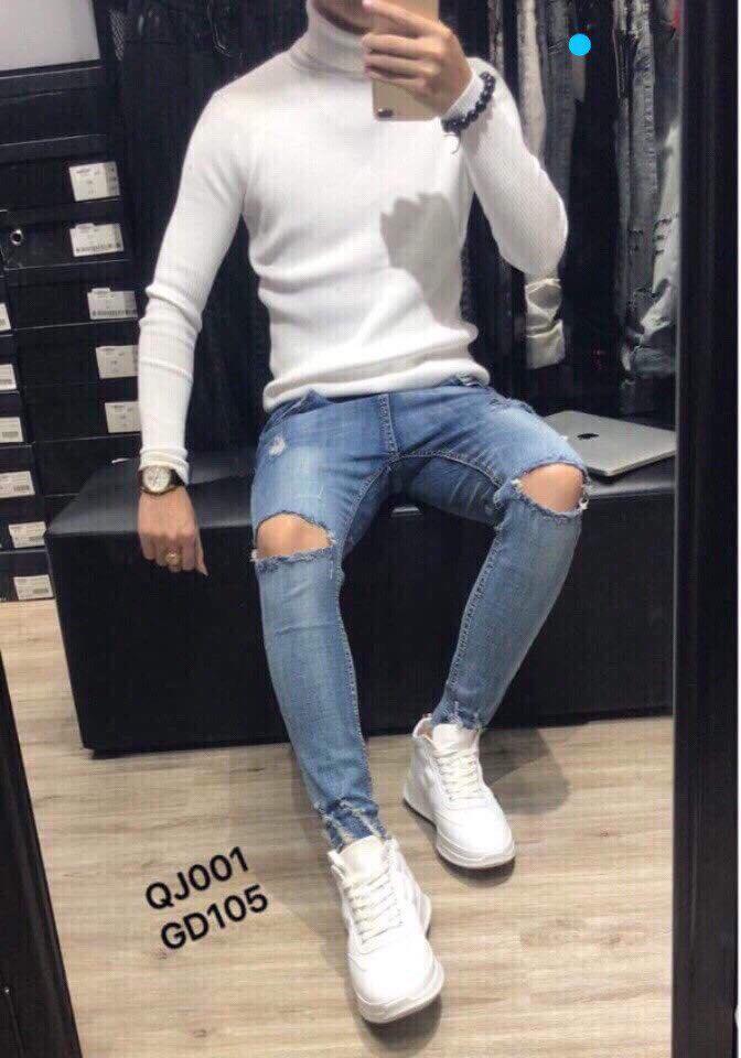 Quần Jean nam rách thời trang - Chất jean dày co giãn tốt