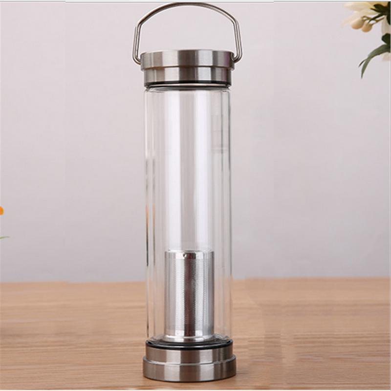 Bình thủy tinh giữ nhiệt 2 lớp 2 đầu kiêm lọc pha trà inox cao cấp có quai xách - 400ml