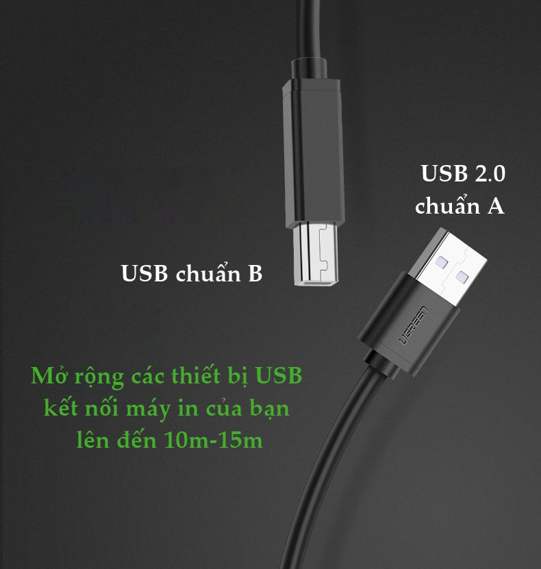 Cáp máy in USB 2.0 sang USB-B tích hợp IC khuyếch đại dài 10-15m UGREEN US122 - Hãng phân phối chính thức Cáp máy in USB 2.0 sang USB-B tích hợp IC khuyếch đại dài 10-15m UGREEN US122 - Hãng phân phối chính thức