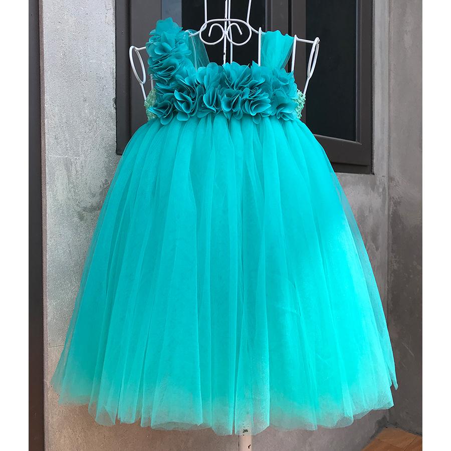 Váy tutu công chúa xanh ngọc hoa dải cho bé