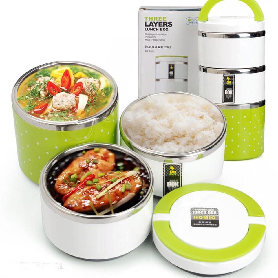 Cặp lồng chấm bi 3 tầng - Cặp Lồng Cơm 3 Tầng Giữ Nhiệt Chấm Bi Ruột Inox - Giao màu ngẫu nhiên
