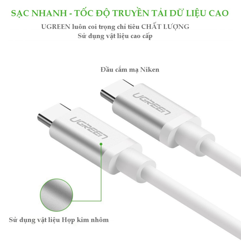 Dây cáp và truyền dữ liệu USB type C 3.1 hỗ trợ sạc nhanh PD 60W, QC3.0, 3A, dài 1.5m UGREEN US161 Dây cáp và truyền dữ liệu USB type C 3.1 hỗ trợ sạc nhanh PD 60W, QC3.0, 3A, dài 1.5m UGREEN US161