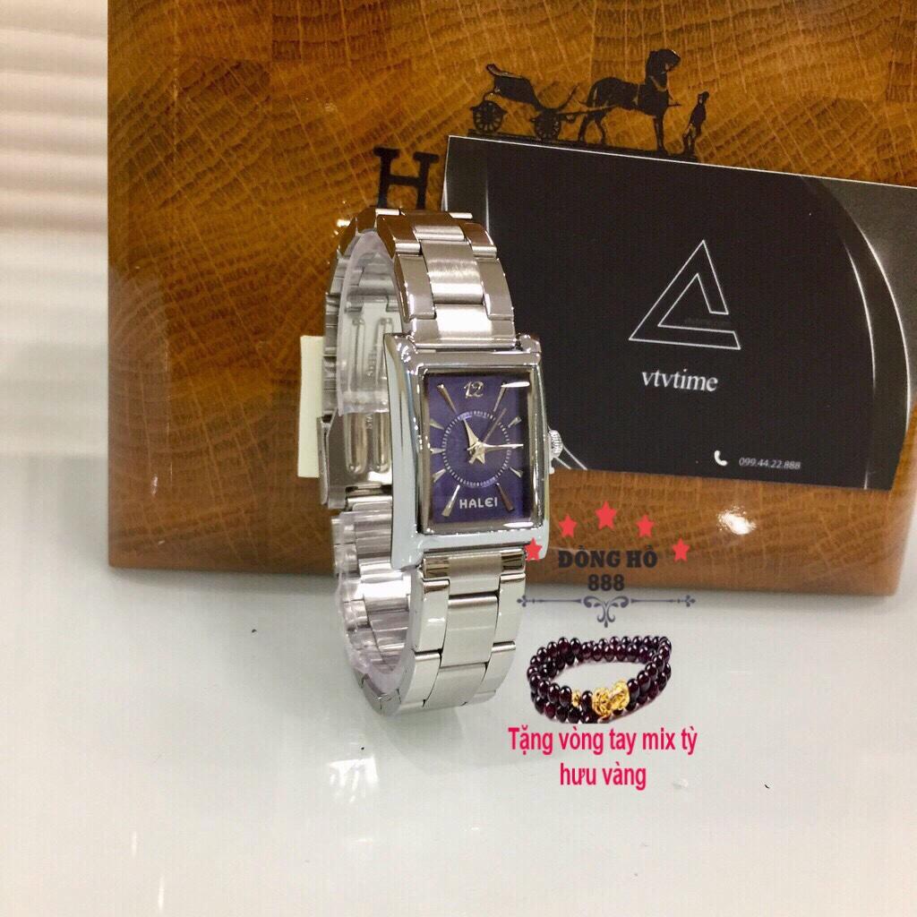 Đồng hồ Nữ  Halei mặt vuông dây thép thời thượng  TẶNG 1 vòng tỳ hưu phong thủy  Dây trắng mặt  xanh