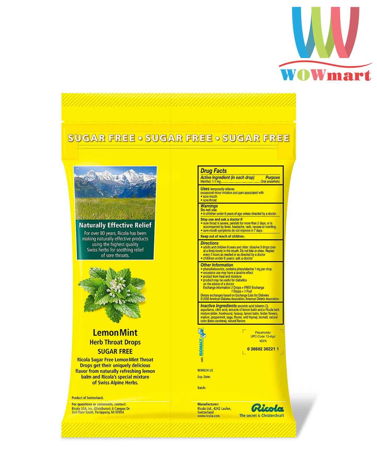 Kẹo ngậm thông cổ Ricola không đường Ricola Lemon Mint Sugar Free 105 viên THỤY SĨ