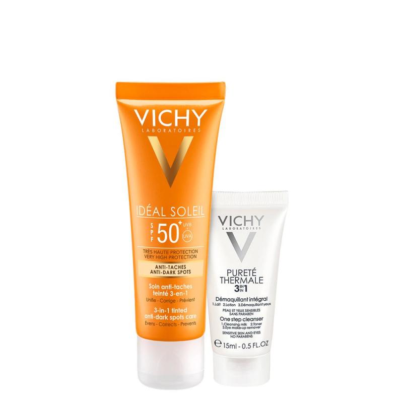 Kem chống nắng có màu ngăn sạm da, giảm thâm nám Vichy Ideal Soleil Anti Dark Spot 40ML tặng sữa rửa mặt tẩy trang Purete Thermal 3in1 15ML