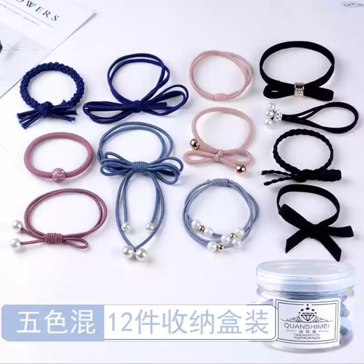 Hộp 12 dây nơ chun buộc tóc các mẫu gdhoa329