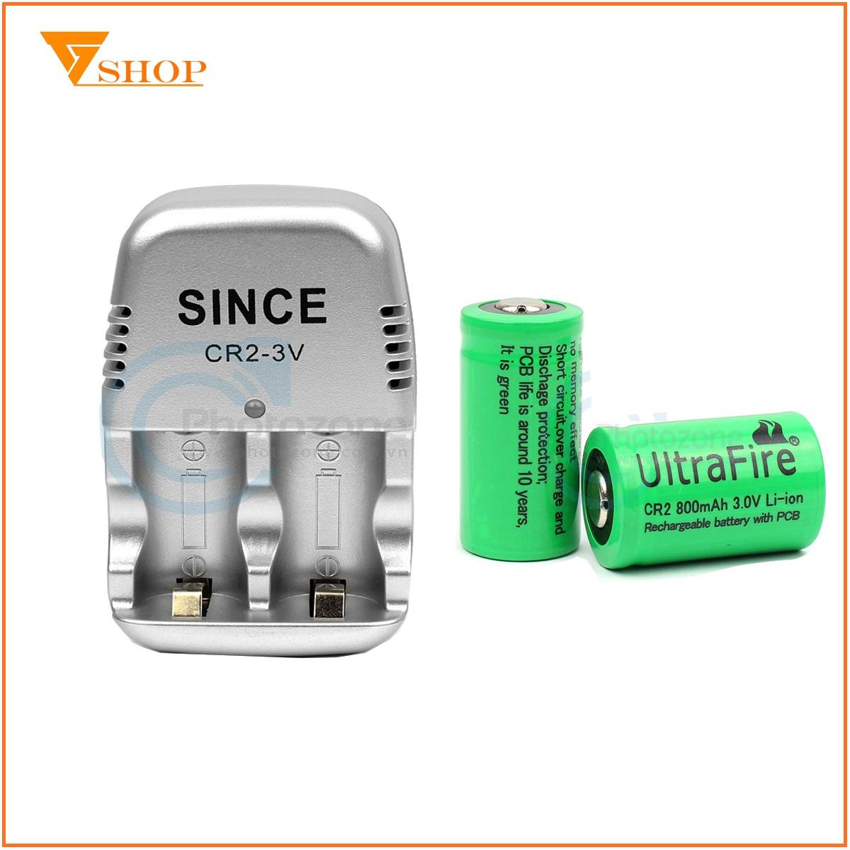 1 máy sạc pin cr2 kèm 2 viên pin sạc cr2 ultra fire 3v, pin sạc cr2 máy ảnh