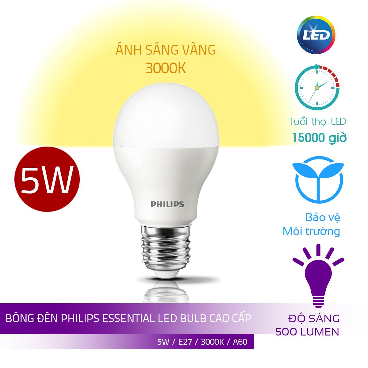Bóng Philips LED Bulb Essential 5W E27 ( Ánh sáng vàng 3000K)