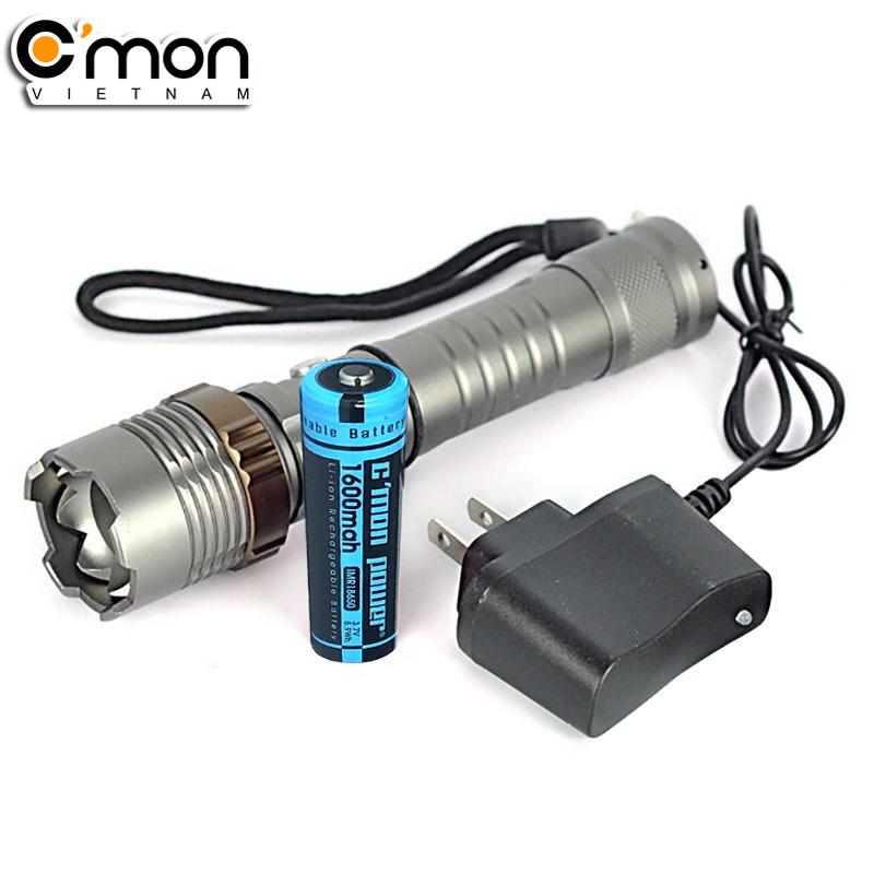 Bộ 1 đèn pin siêu sáng c'mon power defend xml-t6 + 1 pin + 1 sạc