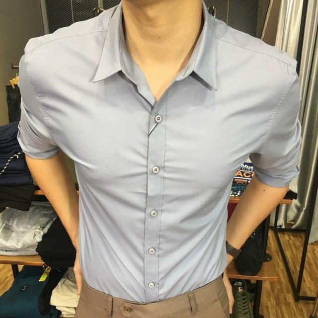 Sơ mi nam Ghi Xám Lụa Nến không nhăn, Sơ mi nam trơn giá rẻ, Áo so mi nam body hàn quốc chất mát