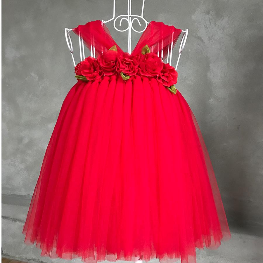 Đầm tutu công chúa hoa chiffon đỏ