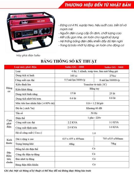 [HCM]Máy phát điện gia đình 2.2kw  Saiko G2000