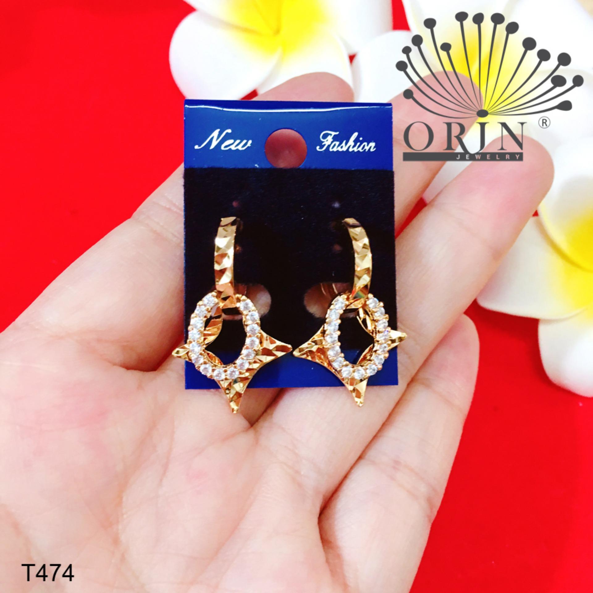 Bông tai tòn ten thoi tròn đính đá bền màu thiết kế cao cấp Orin T474 - Long Tien