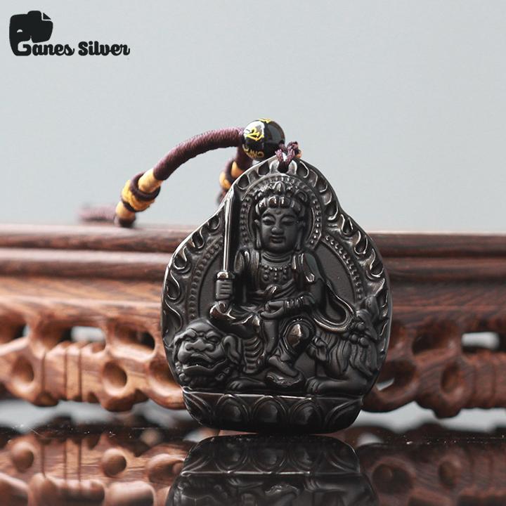 Mặt Dây Chuyền Phật Văn Thù Bồ Tát Obsidian Chất Liệu Đá Obsidian New - Ganes Silver