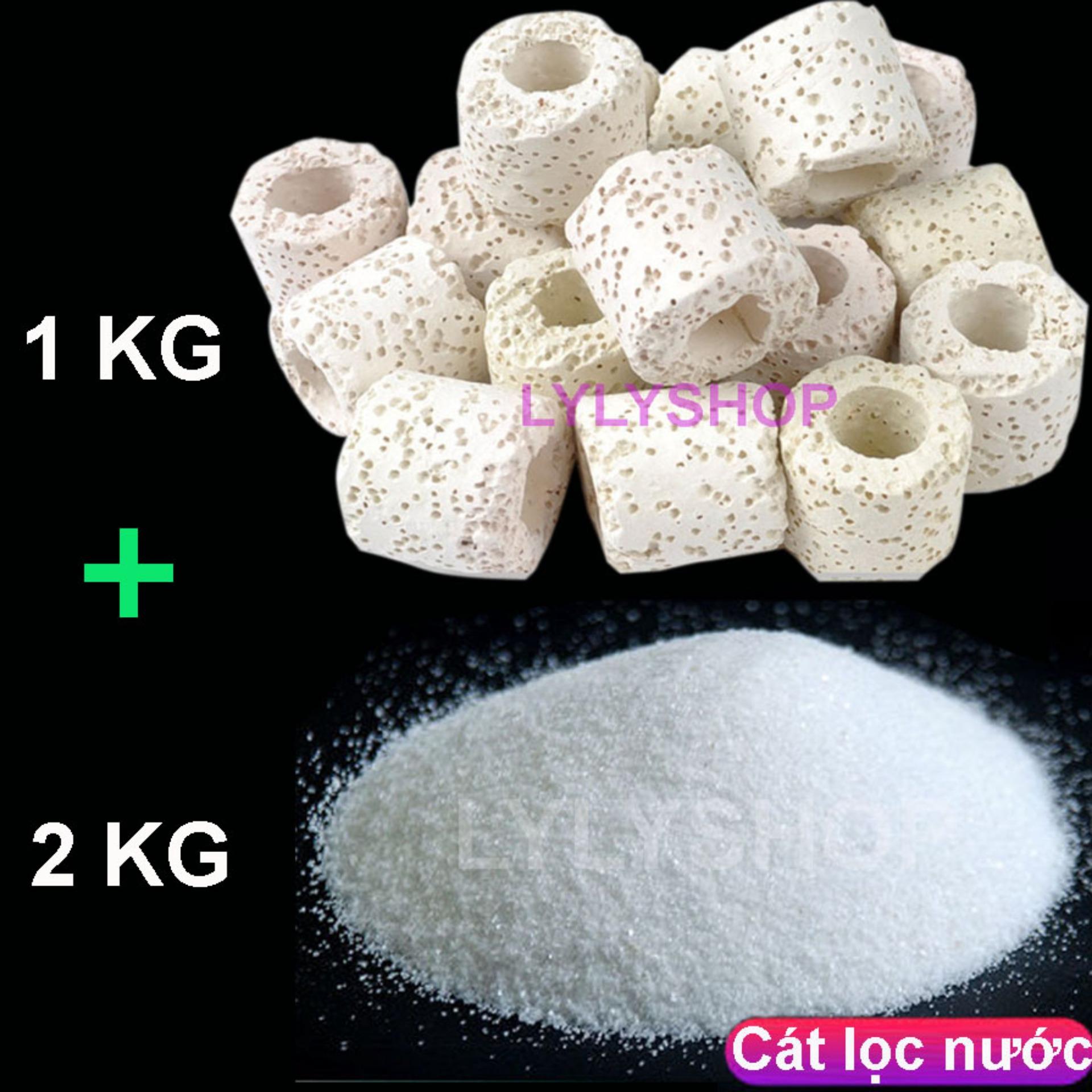 COMBO CÁT THẠCH ANH (2 KG) + SỨ LỌC BỂ CÁ(1KG) vật liệu lọc, trang trí bể cá