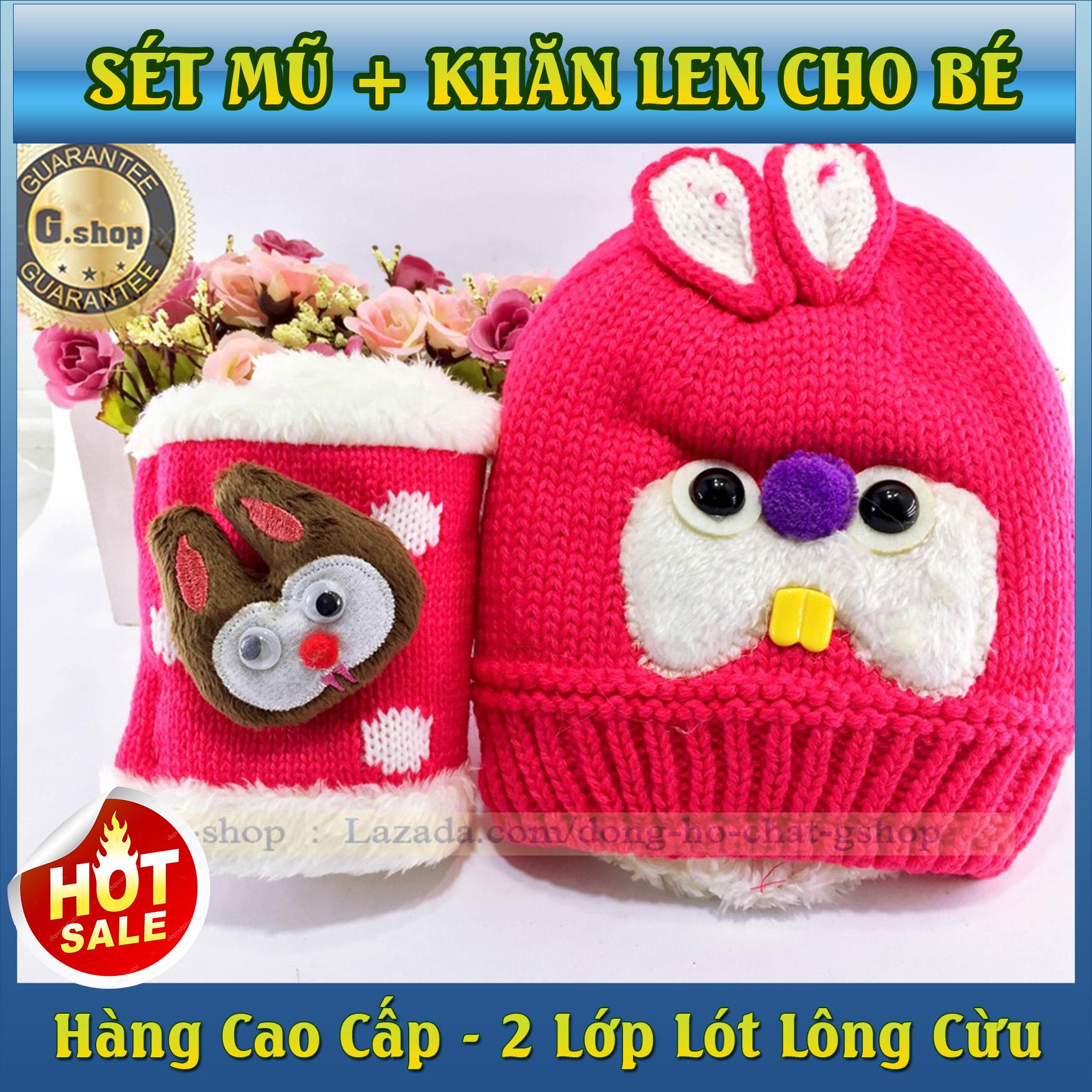Set mũ+khăn len 2 lớp lót lông cừu ấm áp cho bé