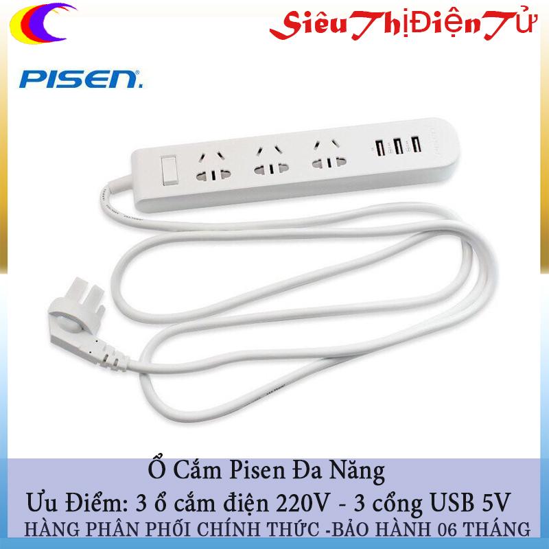Ổ cắm điện pisen 303 có 3 cổng usb và 3 ổ điện