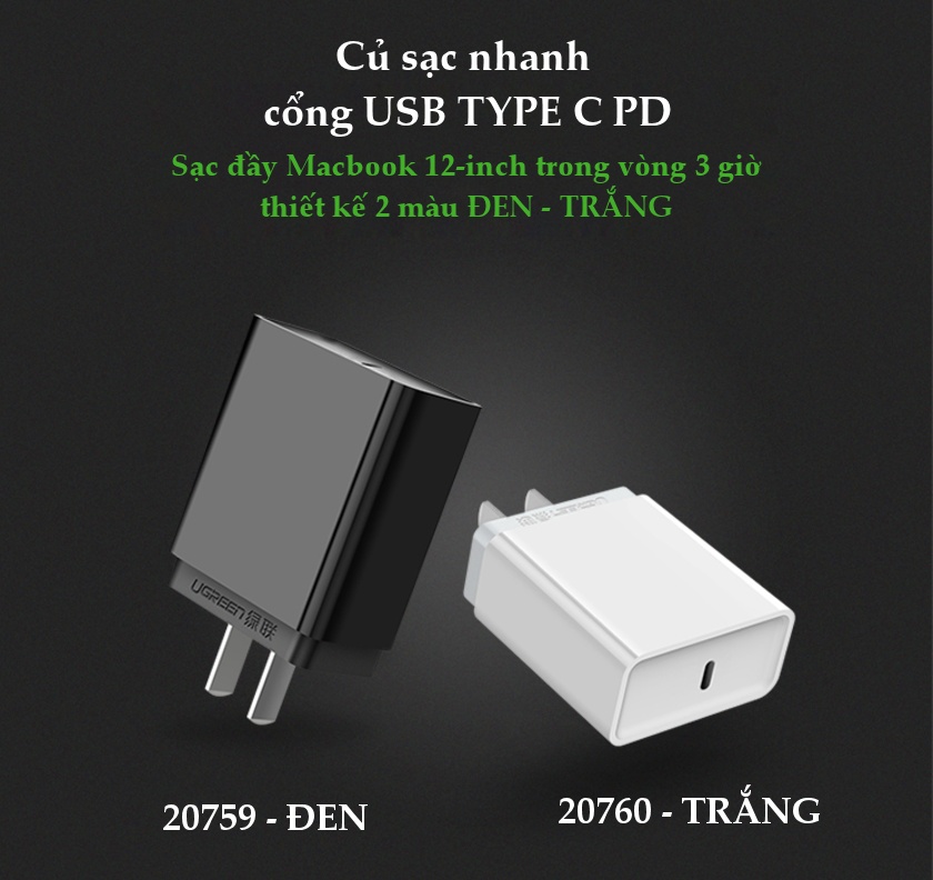 Cốc sạc nhanh cổng USB type C chân cắm kiểu USA UGREEN CD127 Cốc sạc nhanh cổng USB type C chân cắm kiểu USA UGREEN CD127