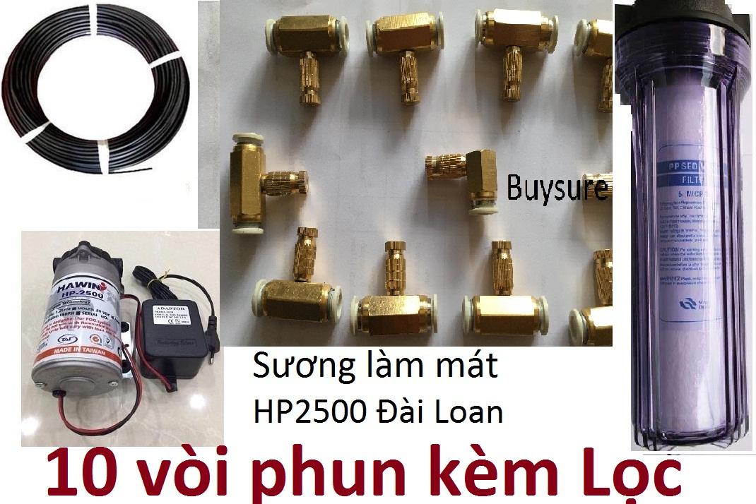 Bộ máy phun sương đl+25m dây+10 vòi phun bằng đồng+lọc nước+adapter 24v+ ren nối 17/8