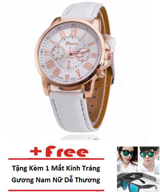 [HCM]Đồng hồ nữ dây da tổng hợp Geneva Thiên Ân (Trắng) + Tặng mắt kính tráng gương (Xanh)