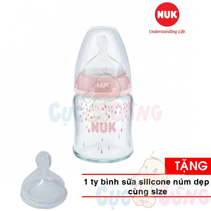 Bình sữa nuk cổ rộng thủy tinh 120ml - ty silicone 1m- nu66126 tặng 1 ty thay binh sua