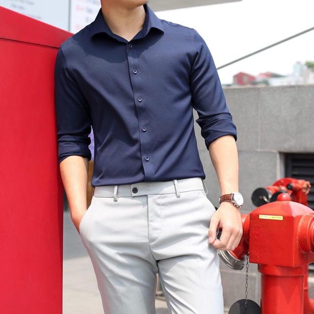 Áo sơ mi nam Xanh Than Vải chéo Ấn Độ( ĐẸP) không nhăn, Sơ mi nam trơn dáng ôm Body Hàn quốc