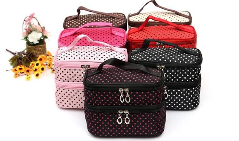 Túi đựng mỹ phẩm đồ trang điểm chấm bi hai tầng.Phong cách Hàn Quốc( nhiều màu) nhập khẩu