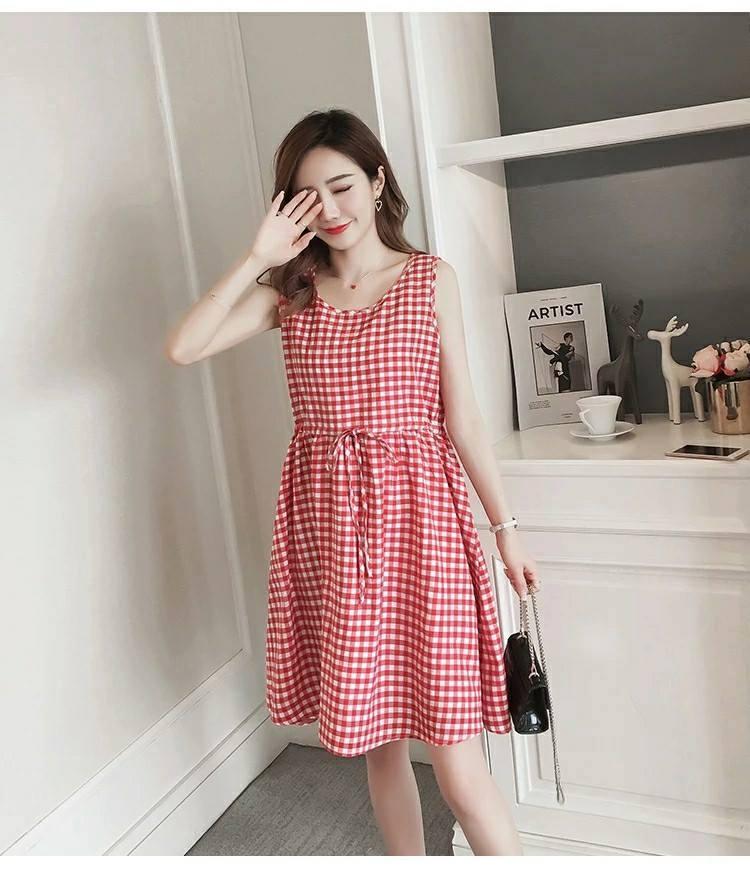 Váy bầu kẻ caro đỏ buộc bụng sát nách-1239