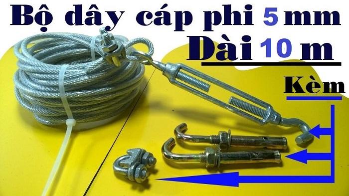 Dây phơi quần áo - Dây cáp phơi đồ Phi 5mm DÀI 10m + Tặng kèm 2 khóa cáp, 1 tăng đơ, 2 nở móc