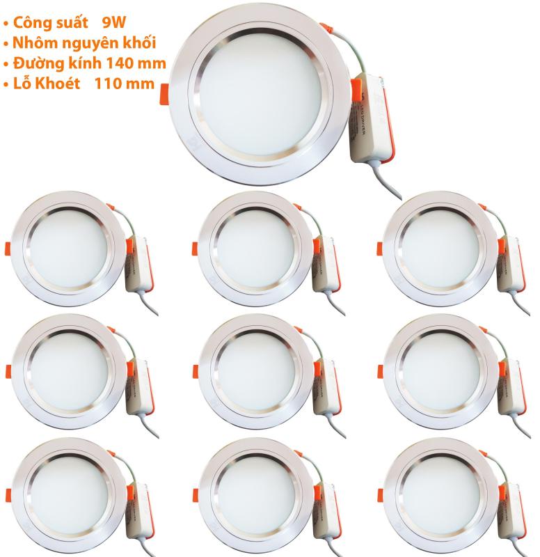 Bộ 10 Đèn Led âm trần viền bạc 9w 3 màu ánh sáng trắng -vàng nắng-vàng ấm