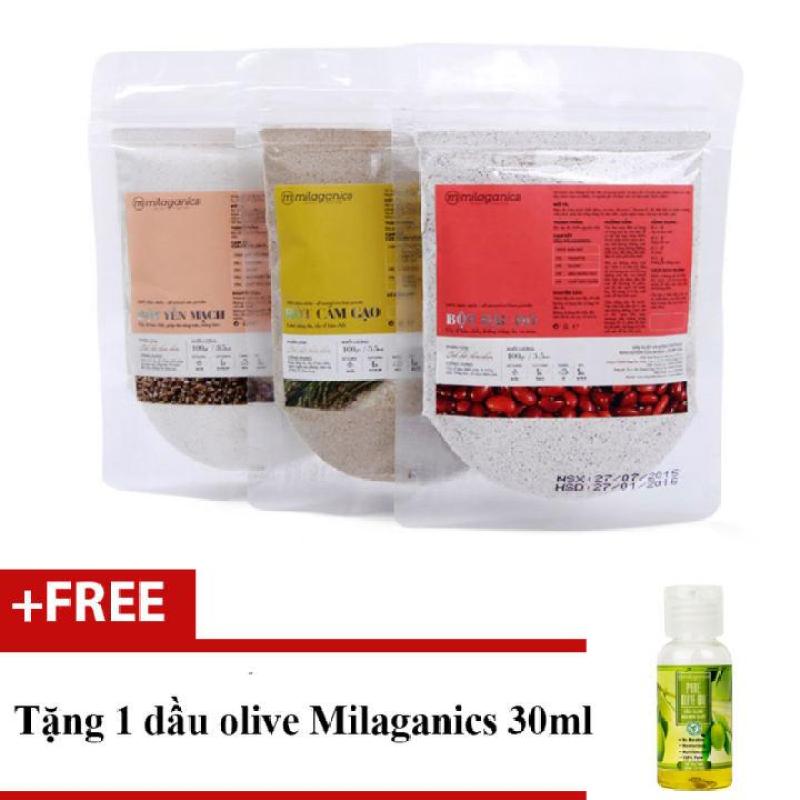 Bộ 1 bột cám gạo 100g + 1 bột yến mạch 100g và 1 bột đậu đỏ Milaganics 100g + Tặng 1 dầu olive 30ml nhập khẩu