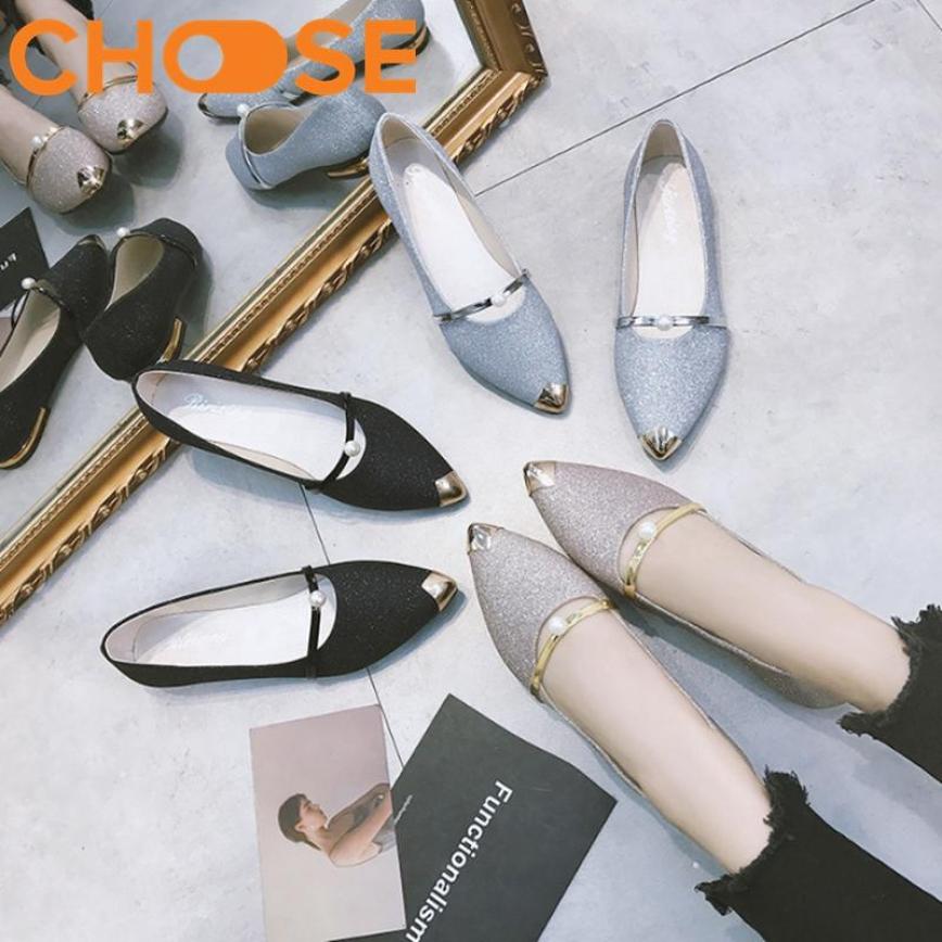 Giày Lười Slip-on Nữ/Giày Đế Bệt Nhũ Kim Tuyến, Mũi Nhọn Đính Khuya Cài Sang Chảnh 1501 giá rẻ